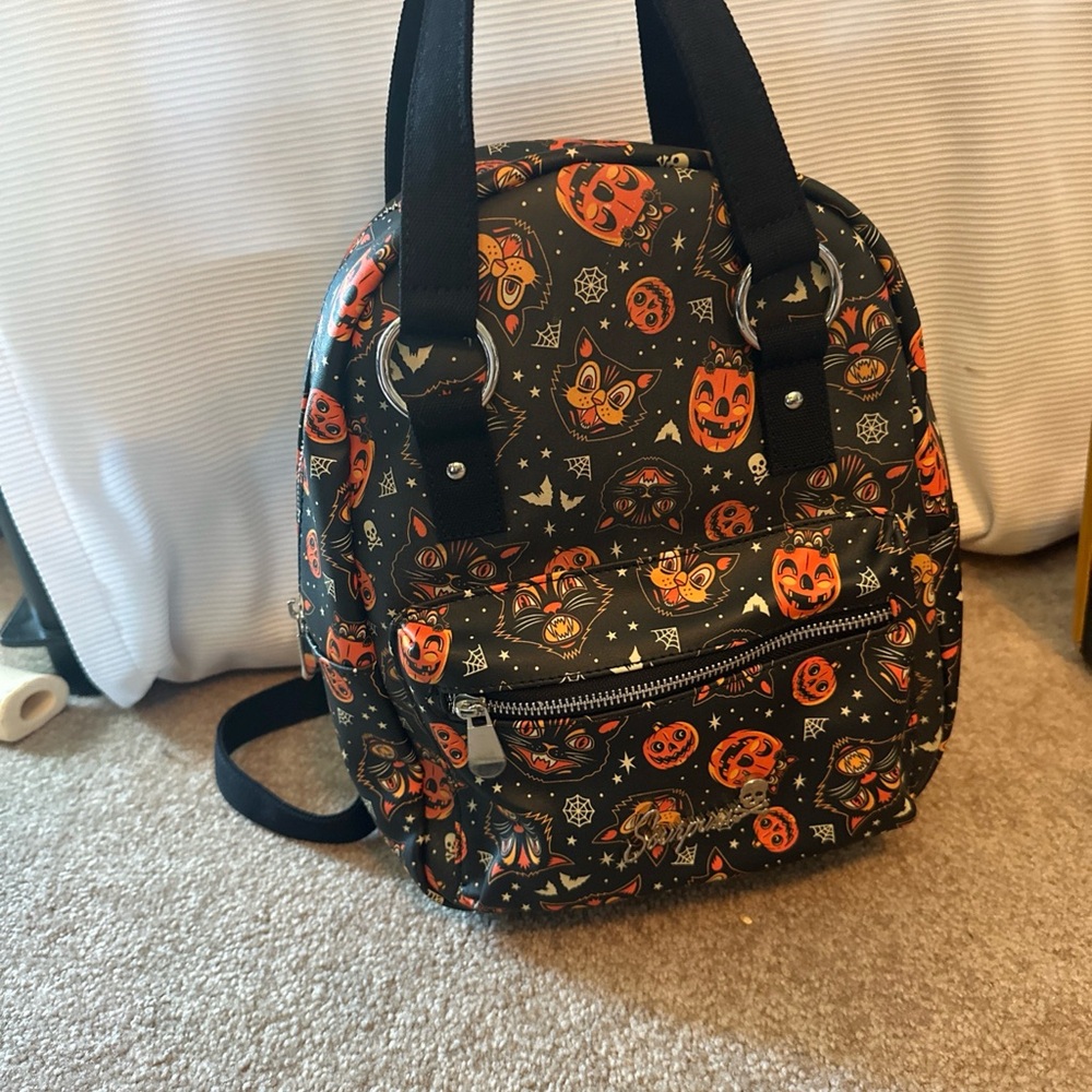 Sourpuss Halloween Jack-o’-lantern Cat Bats Black Orange Backpack Purse